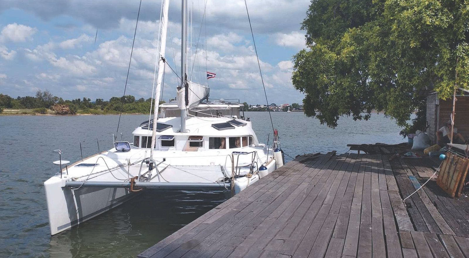 Amelie alongside the Ocean Blue Mansion jetty in the Bang Nara River, Narathiwat